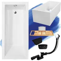 Besco Badewanne Rechteck 150x70 mit Ablaufgarnitur und Füßen GRATIS + Wannenträger + Bambus Holzablage + Kopfstütze in Schwarz | BADLAND MODERN