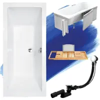 Besco Badewanne Rechteck Set 5in1 190x90 mit Premium Ablaufgarnitur und Füßen GRATIS + Verkleidung (Styropor) + Bambus Holzablage | BADLAND QUADRO
