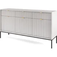 Bettso Groß Geriffelt Kommode 3 Türen und 3 Schubladen Highboard Goldgriffe Glamour NOVA 154 cm Grau auf Schwarzbeinen