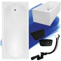 Besco Badewanne Rechteck Set 5in1 150x70 mit Premium Ablaufgarnitur und Füßen GRATIS + Wannenträger + Kopfstütze in Schwarz | BADLAND BONA