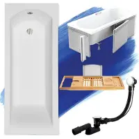 Besco Badewanne Rechteck Set 5in1 180x80 mit Premium Ablaufgarnitur und Füßen GRATIS + Verkleidung (Styropor) + Bambus Holzablage | BADLAND SHEA