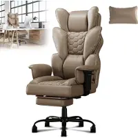XMTECH Ergonomischer Bürostuhl mit hoher Rückenlehne, Kunstleder mit Fußstütze, Chefdrehstuhl mit gepolsterten Armlehnen für Zuhause und Büro（Braun）
