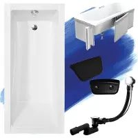 Besco Badewanne Rechteck Set 5in1 160x70 mit Premium Ablaufgarnitur und Füßen GRATIS + Verkleidung (Styropor) + Kopfstütze in Schwarz | BADLAND MODERN