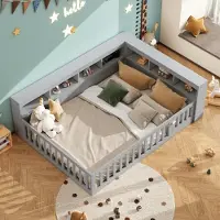 STILVORA Kinderbett 140×190 mit rausfallschutz,Jugendbett mit Steckdose und usb,Tagesbett Schlafsofa ohne Matratze,Grau