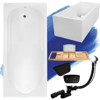 Besco Badewanne Rechteck 140x70 mit Ablaufgarnitur und Füßen GRATIS + Wannenträger + Bambus Holzablage + Kopfstütze in Schwarz | BADLAND BONA