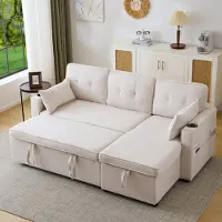 STILVORA Schlafsofa mit Getränkehalter und Stauraum,Ecksofa ausziehbar mit Schlaffunktion,Polstersofa aus Baumwoll-und Leinenstoffe links und rechts austauschbar,Beige