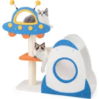Costway Kratzbaum 87cm, Katzenbaum Weltraum-Thema, Katzenmöbel Kletterbaum mit UFO-Plattform, Spielzeug, Sisal-Kratzsäulen & Raketen-Katzenhaus Blau
