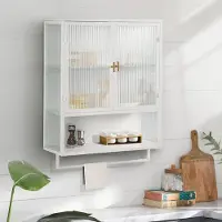 FANNOU 60CM Glasschrank, Modern, Zwei Türen, Weiß, 2 Ebenen, offenes Regal & Handtuchhalter, für Flur, Wohnzimmer, Bad