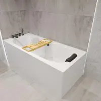 Besco Badewanne Rechteck Set 6in1 160x75 mit Premium Ablaufgarnitur und Füßen GRATIS + Verkleidung (AcrylSchürze) + Bambus Holzablage + Kopfstütze in Schwarz | BADLAND VITAE