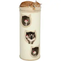 PawHut Kratztonne 96 cm hoch Katzentonne mit 3 Höhlen und Hängespielzeug Creme