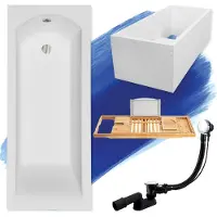 Besco Badewanne Rechteck Set 5in1 140x70 mit Premium Ablaufgarnitur und Füßen GRATIS + Wannenträger + Bambus Holzablage | BADLAND SHEA