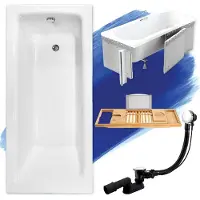Besco Badewanne Rechteck Set 5in1 120x70 mit Premium Ablaufgarnitur und Füßen GRATIS + Styroporverkleidung + Bambus Holzablage | BADLAND TALIA