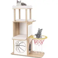 Costway Kratzbaum 120cm, Katzenbaum mit Hängematte in Basketballkorb-Stil, 2-stöckigem Katzenhaus, 2 Plattformen & Kissen, Katzenmöbel Holz, Natur