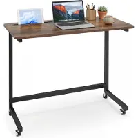 Costway Beistelltisch mit Rollen, Laptoptisch mit integriertem Ablagefach, C-förmiger Betttisch, Pflegetisch für Wohnzimmer, Schlafzimmer, Braun
