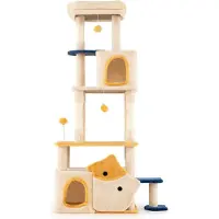 Costway Kratzbaum groß, Fisch-Design, Katzenbaum mit Plüschsitz, Plattform, 2 Höhlen, Ball&Sisal-Kratzsäulen Aktivitätsbaum Katzenkratzbaum Holz Beige