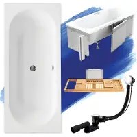 Besco Badewanne Rechteck Set 5in1 170x75 mit Premium Ablaufgarnitur und Füßen GRATIS + Styroporverkleidung + Bambus Holzablage | BADLAND VITAE