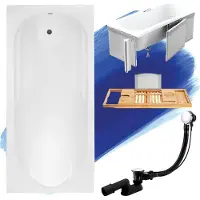 Besco Badewanne Rechteck Set 5in1 140x70 mit Premium Ablaufgarnitur und Füßen GRATIS + Verkleidung (Styropor) + Bambus Holzablage | BADLAND BONA
