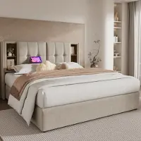 Youjia Doppelbett mit Kabellosem Laden USB C, Polsterbett Bettgestell 180x200cm,Bettgestell mit Stauraum Lattenrost aus Holz-Natürlich Leinen