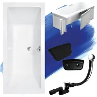 Besco Badewanne Rechteck Set 5in1 155x70 mit Premium Ablaufgarnitur und Füßen GRATIS + Verkleidung (Styropor) + Kopfstütze in Schwarz | BADLAND QUADRO