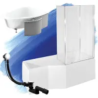 Badland Eckbadewanne Badewanne Integra RECHTS 150x75 mit Glasabtrennung, Ablaufgarnitur, Füßen und Styroporverkleidung GRATIS