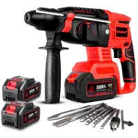 ONEVAN Akku-Bohrhammer Bürstenloser Schlagbohrmaschine 4-in-1 Akku Bohrhammer mit 2xAkku, 360°-Drehgriff und Bits Sert, für Beton, Mauerwerk, Wände