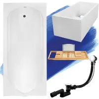 Besco Badewanne Rechteck Set 5in1 160x70 mit Premium Ablaufgarnitur und Füßen GRATIS + Wannenträger + Bambus Holzablage | BADLAND BONA