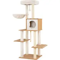 Costway Kratzbaum Holz, 148 cm, Katzenbaum mit Katzenhöhle, Sisal-Kratzpfosten, Kissen, Korb, Teppich, Seil Plattformen, Katzenkratzbaum Natur+Weiß