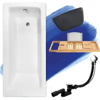 Besco BADLAND Eckbadewanne Rechteck Badewanne TALIA 110x70 mit Ablaufgarnitur und Füßen + Kopfstütze KODI + Bambus Ablage | BADLAND TALIA