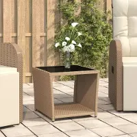 vidaXL Möbel Beistelltisch mit Glasplatte Beige Poly Rattan & Hartglas - Gartentische 319561