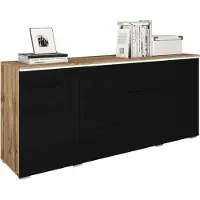 Mirjan 24 Kommode Vera, Griffloses Öffnungssystem, Sideboard, Stilvoll Highboard Schrank (Farbe: Wotan / Schwarz Hochglanz, mit weißer LED Beleuchtung)