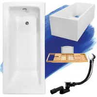Besco Badewanne Rechteck Set 5in1 160x75 mit Premium Ablaufgarnitur und Füßen GRATIS + Wannenträger + Bambus Holzablage | BADLAND TALIA
