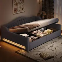 STILVORA 140×200 Schlafsofa mit LED und Stauraum darunter,Tagesbett mit Holzrahmen&Leinenstoff,Daybett mit Rückenlehne&Armlehne,ohne Matratze,grau