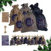 VINGO 24 Adventskalender zum Befuellen Stoffbeutel Weihnachten Geschenksaeckchen mit Aufkleber Mini-Holzklammern Hanfseile Weihnachtskalender tueten Geschenkbeutel 14 x 10 cm£šGrau/Beige/Blau£