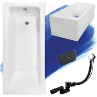 Besco Badewanne Rechteck Set 5in1 120x70 mit Premium Ablaufgarnitur und Füßen GRATIS + Wannenträger + Kopfstütze in Schwarz | BADLAND TALIA