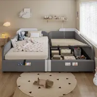 STILVORA Polsterbett 90x200 cm,Boxspringbett mit Stauraum,mit Matratze,Kinderbett mit hydraulischem ,Stauraumbett mit erhöhtem,weichem Zaun aus linker und rechter Seitenplatte,Grau