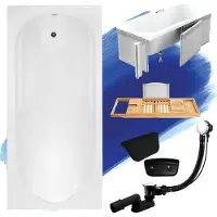 Besco Badewanne Rechteck 160x70 mit Ablaufgarnitur und Füßen GRATIS + Verkleidung (Styropor) + Bambus Holzablage + Kopfstütze in Schwarz | BADLAND BONA