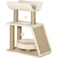 PawHut Kratzbaum, gemütliches, schickes Design, Multi-Ausrüstung, Aktivitätscenter, Kratzbäume, Schaberplattformen, Bettspiel, Hängeball aus Holz und kurzem Plüsch-Sisal, 60 x 30 x 76 cm, hellbraun