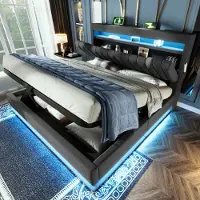 Youjia 140x200cm Polsterbett Doppelbett, Stauraum-Kopfteil mit USB- und Typ-C-Anschlüssen, LED-Beleuchtung am Kopf- und Fußende des Bettes