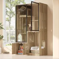 Flieks Hochschrank mit Katzenhaus und Kratzpfosten, Katzenvilla mit Schubladen, Haustiermöbelset Katzenkäfig mit Glastüren, Naturbelassen