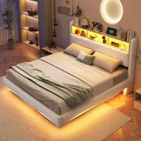 MODFU Doppelbett 160×200 mit Matratze,Stauraumbett mit USB- und TYPE-C-Schnittstelle,Polsterbett mit LED-Licht,Abgehängtes Design,Beige