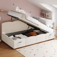 Sweiko Polsterbett,Kinderbett, Einzelbett, Stauraumbett, Schlafsofa 90x200 cm, mit Lattenrost, USB-Ladegerät, Stautasche, Jugendbett und Erwachsenen-Kinderbett,Samt, beige (ohne Matratze)