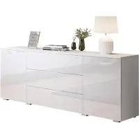 Mirjan 24 Kommode Awit 150 Highboard mit 3 Schubladen und 2 Türen, Stilvoll Sideboard, Wohnzimmer Schrank (Farbe: Weiß / Weiß Hochglanz)