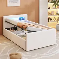 STILVORA 90×200 Polsterbett mit Hydraulischem Stauraum,Kinderbett mit Nachlicht,LED,USB und Regal,Einzelbett ohne Matratze,Samtstoff,Beige