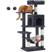 Feandrea Kratzbaum, 112 cm hoch, Katzenbaum, mehrstöckiges Katzenhaus, mit 4 Kratzbäumen, 2 Plattformen, Hängematte, Höhle, rauchgrau