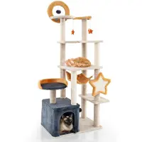 Costway 160 cm Kratzbaum, mehrstöckiger Katzenbaum mit Sisal-Kratzpfosten&-Brett, Haus, Plüschsitz, Plattformen, Hängespielzeug, Springball Katzenturm
