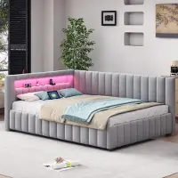 Youjia Polsterbett Schlafsofa 140x200, Gepolstertes aus Samtstoff mit LED-Licht und USB-Ladeanschluss, mit Rückenlehne, Kopfteil und stabilem Bettrahmen Grau