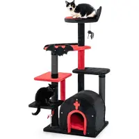 StarTech.com Katzenkratzbaum - Kletterbaum 134 cm - 5 Ebenen - Kratzsäulen - Katzenhöhle - Plattformen - Hängender Ball - Stoffbezug - Schwarz