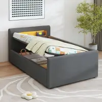 STILVORA 90×200 Polsterbett mit Hydraulischem Stauraum,Kinderbett mit Nachlicht,LED,USB und Regal,Einzelbett mit Matratze,Samtstoff,Dunkelgrau