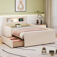 Ropilly Polsterbett Kinder 90x200 cm Beige aus Kunstleder mit Nachtlicht, USB-Ladeanschluss und Schubladen für Schlafzimmer