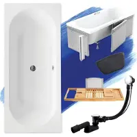 Besco Badewanne Rechteck Set 6in1 150x75 mit Premium Ablaufgarnitur und Füßen GRATIS + Styroporverkleidung + Bambus Holzablage + Kopfstütze in Schwarz | BADLAND VITAE